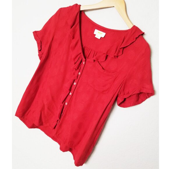 Anthropologie Maeve Jojo Ruffle V Neck Blouse Top S Red Dots Button Front Sweet - Picture 14 of 14